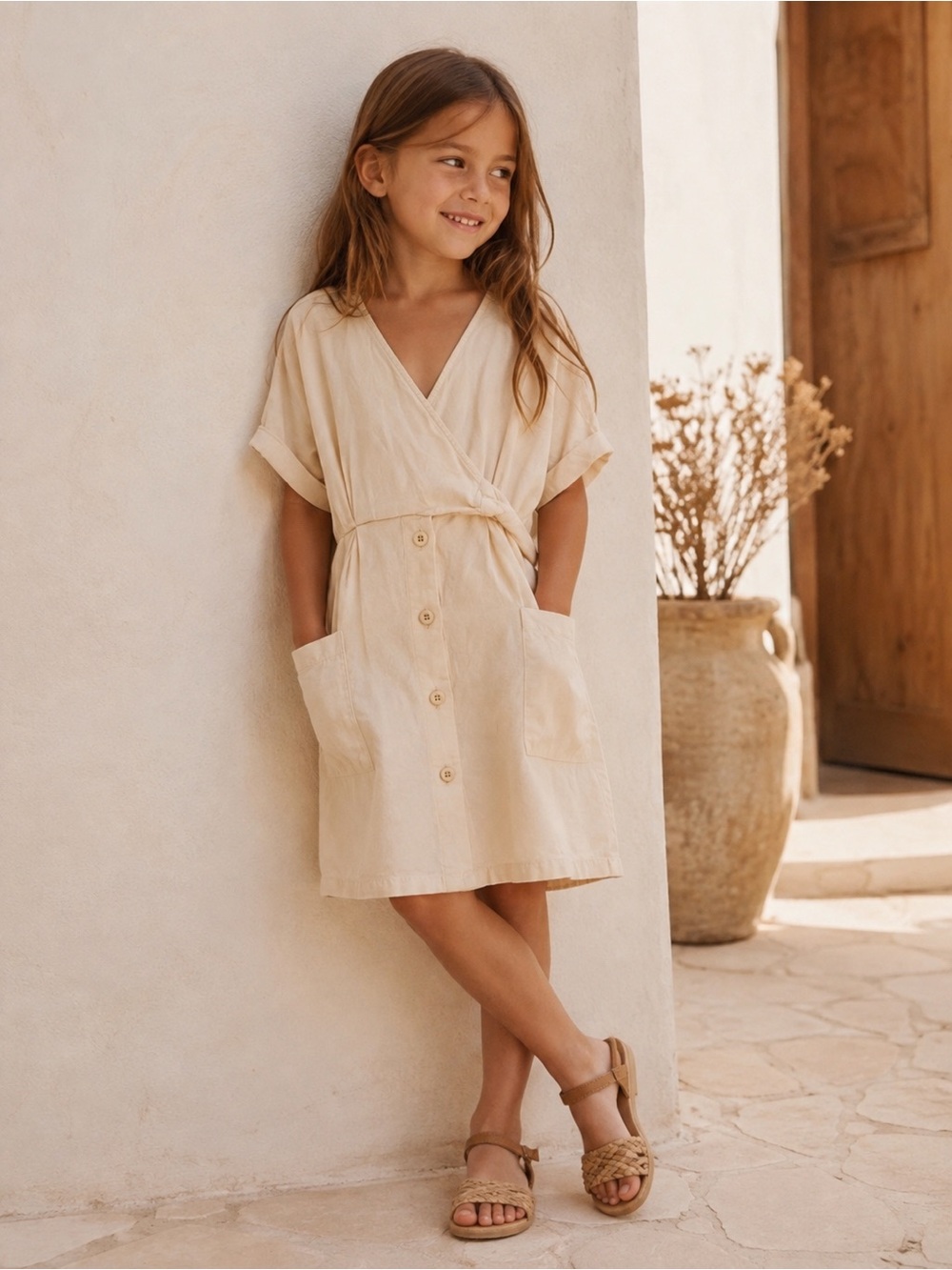 Zara Girls Linen Blend Wrap Dress Size 7 |Cream | Button Front | Pockets